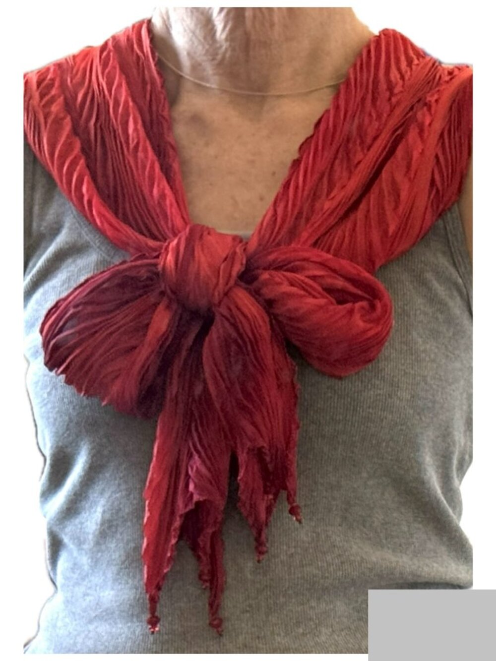 Sharon Kilfoyle Scarf Silk Red Maroon Pleated Arashi Shibori with Beaded Ends
